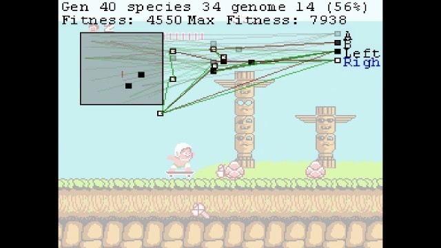 'AI playing Hudson\'s Adventure Island (NES) using NEAT - try 1 - max fitness 7938 normal speed'