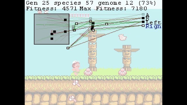 'AI playing Hudson\'s Adventure Island (NES) using NEAT - try 1 - max fitness 7180'
